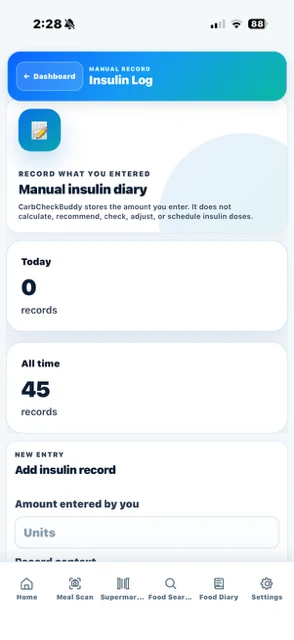 Actual CarbCheckBuddy manual insulin entry and record summary screen