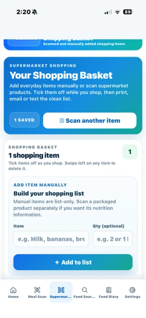 Current Shopping Basket screen showing manual shopping list item entry